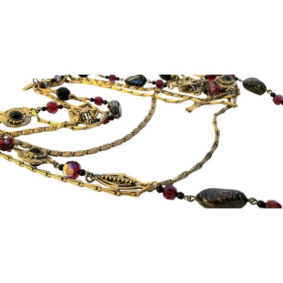 Vintage Miriam Haskell Possible Garnet Triple Layer Gold Tone Necklace, Signed - Picture 15 of 16